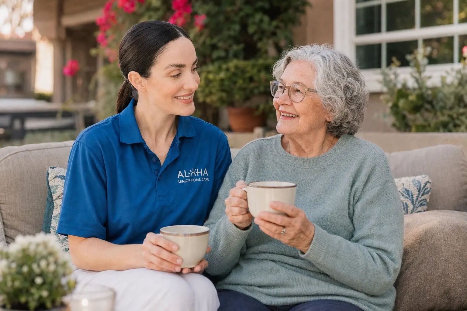 An Aloha Senior Home Care caregiver and a senior sharing tea on a sunny patio at home