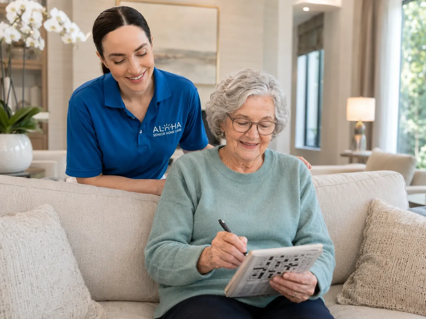 An Aloha Senior Home Care caregiver with a senior client at home in San Diego